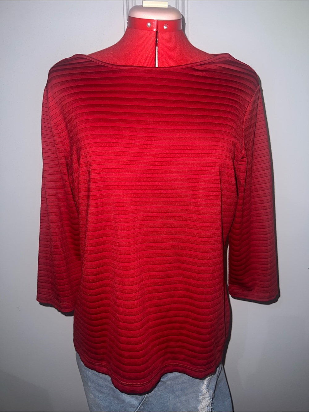 Chico's Red Ribbed Boatneck Long Sleeve Top size 2 Large